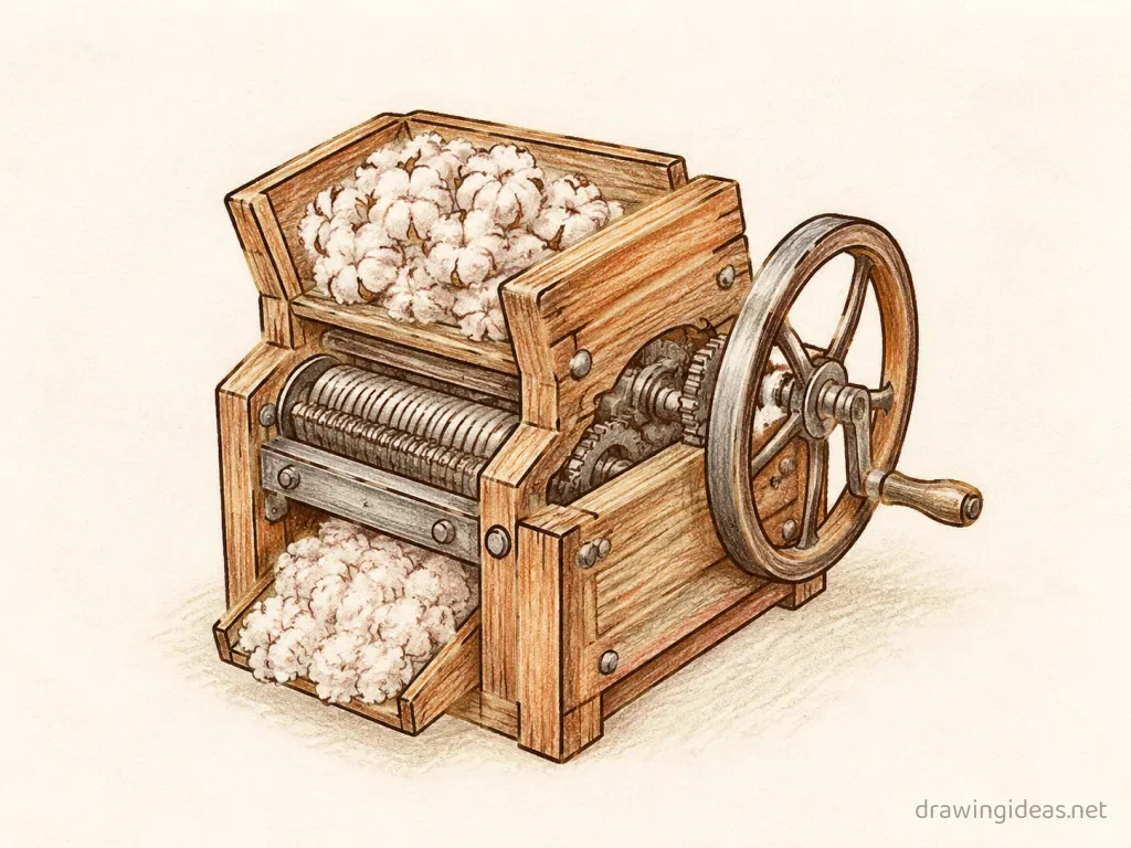 Cotton Gin drawing — hand-drawn cotton gin illustration with ink lines and soft colors