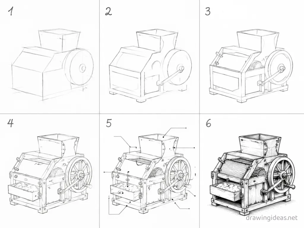 How to draw a cotton gin step by step — 6-step cotton gin drawing tutorial grid