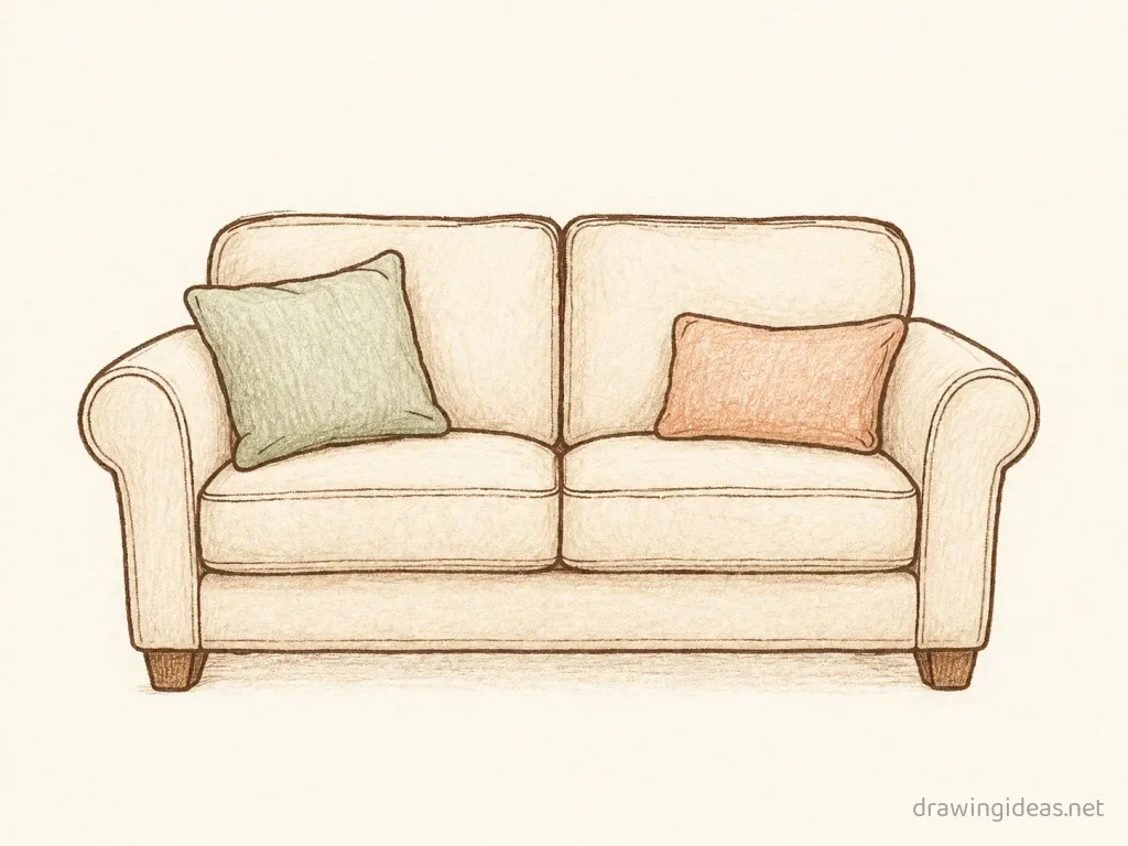 Couch drawing — hand-drawn couch illustration with ink lines and soft colors