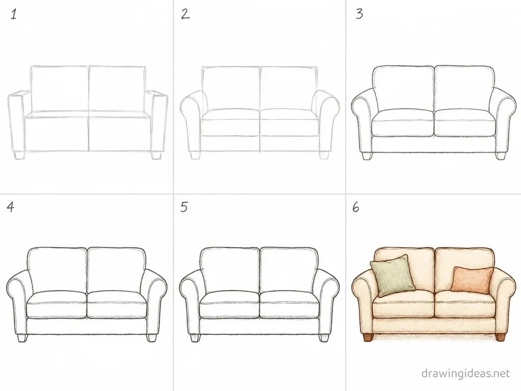 How to draw a couch step by step — 6-step couch drawing tutorial grid