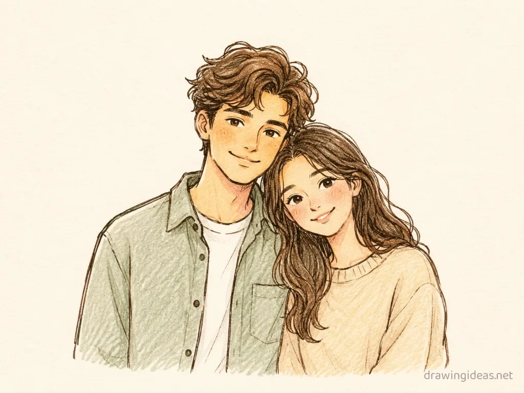 Couple drawing — hand-drawn couple illustration with ink lines and soft colors