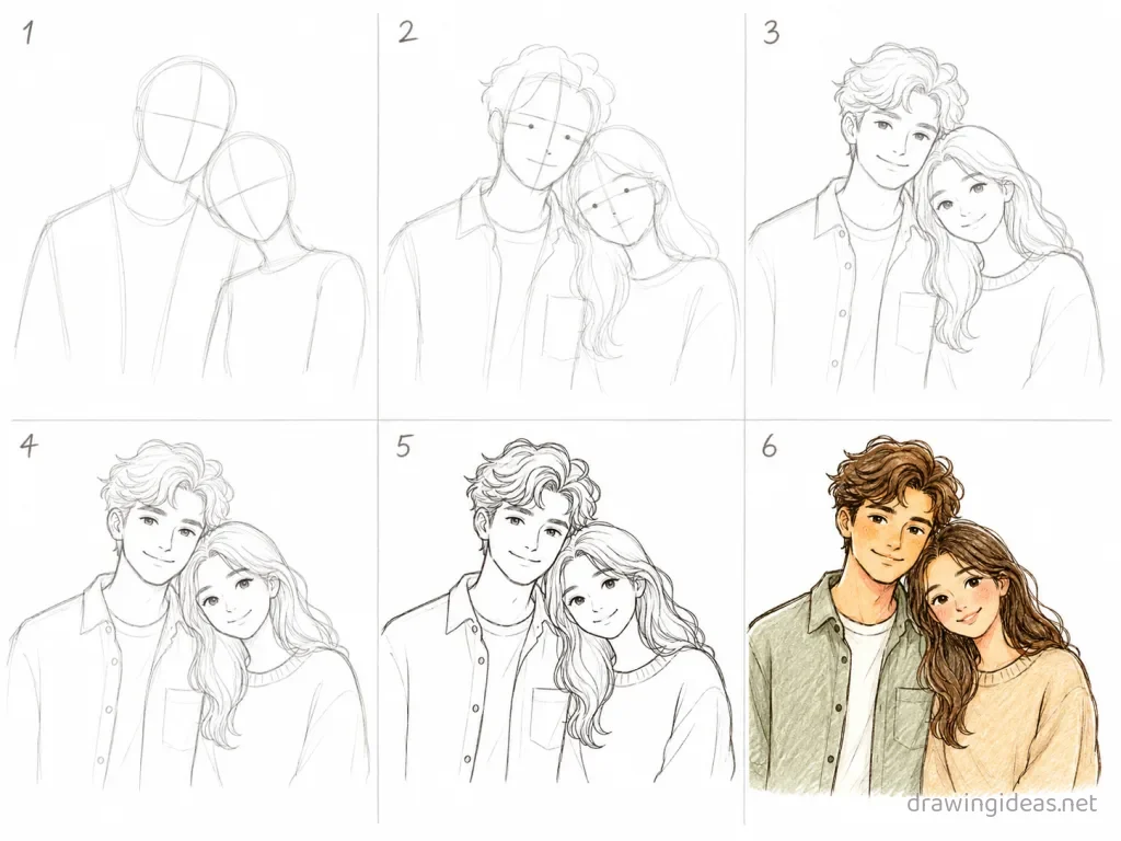 How to draw a couple step by step — 6-step couple drawing tutorial grid