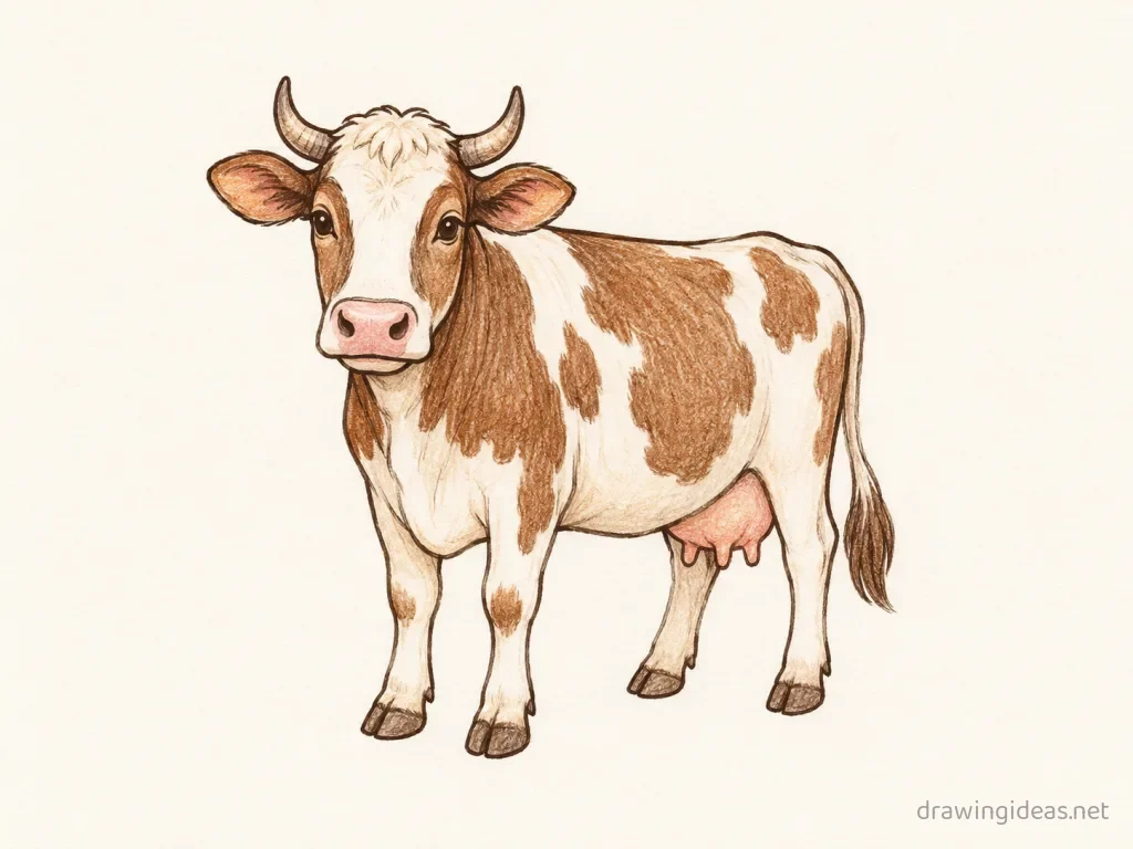 Cow drawing — hand-drawn cow illustration with ink lines and soft colors