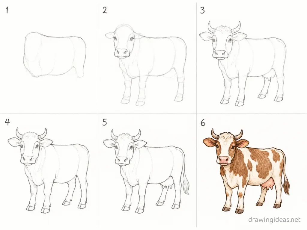 How to draw a cow step by step — 6-step cow drawing tutorial grid