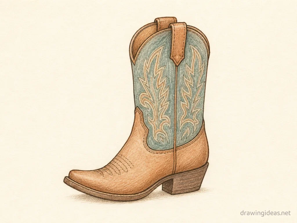 Cowboy Boot drawing — hand-drawn cowboy boot illustration with ink lines and soft colors