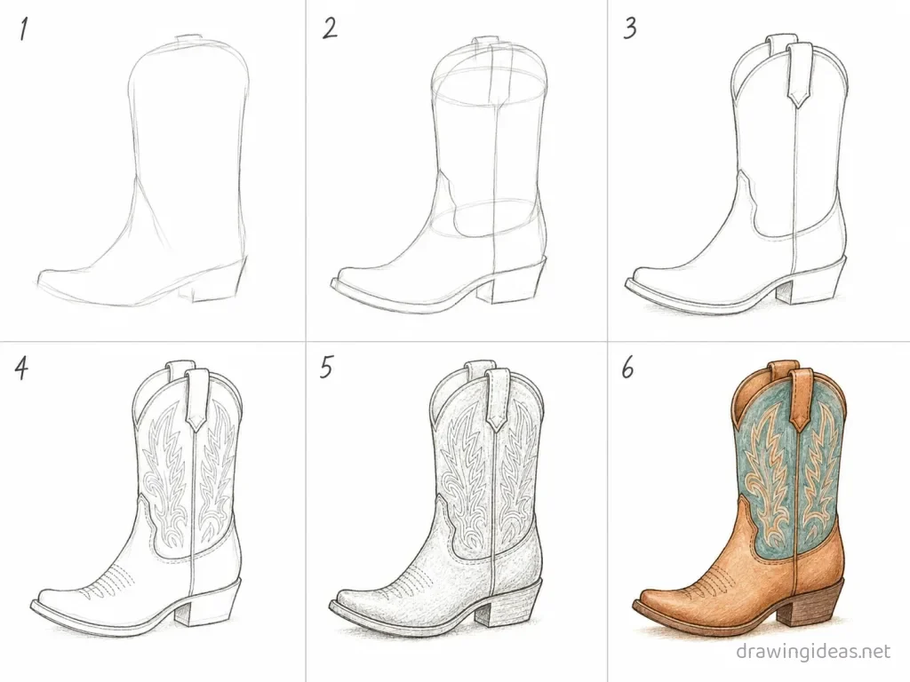 How to draw a cowboy boot step by step — 6-step cowboy boot drawing tutorial grid