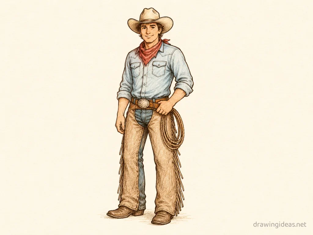 Cowboy drawing — hand-drawn cowboy illustration with ink lines and soft colors