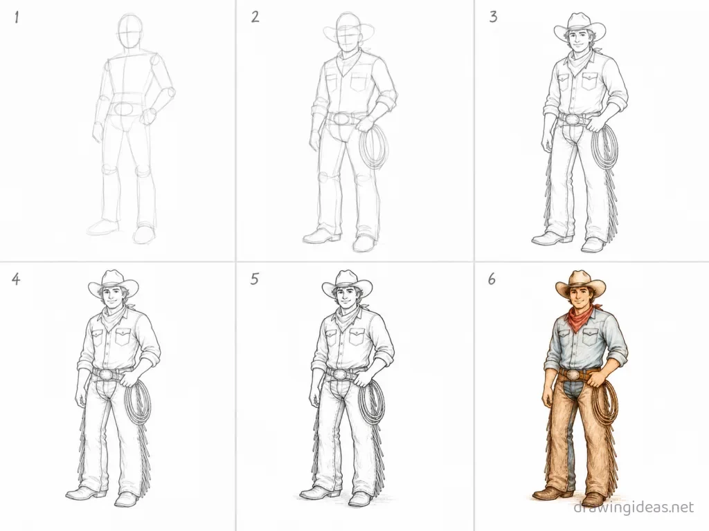 How to draw a cowboy step by step — 6-step cowboy drawing tutorial grid