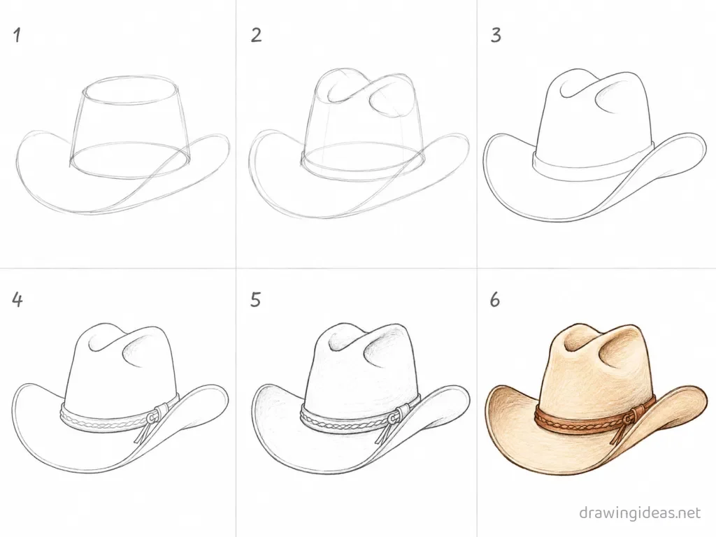 How to draw a cowboy hat step by step — 6-step cowboy hat drawing tutorial grid