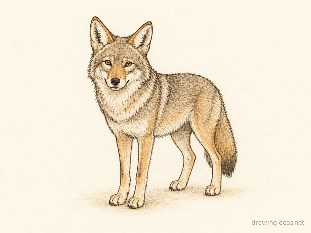 Coyote drawing — hand-drawn coyote illustration with ink lines and soft colors