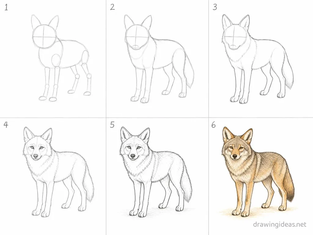 How to draw a coyote step by step — 6-step coyote drawing tutorial grid