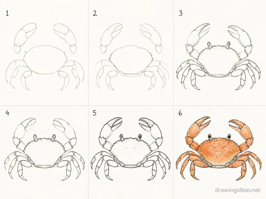 How to draw a crab step by step — 6-step crab drawing tutorial grid