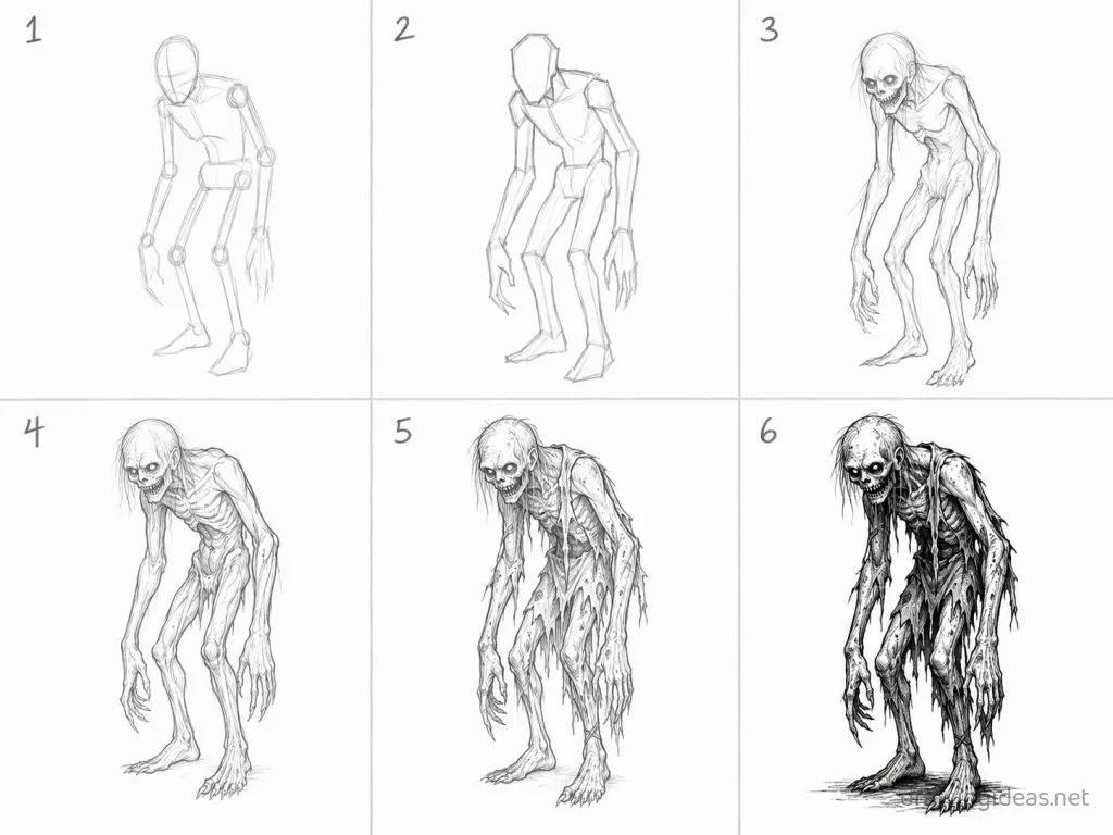 How to draw a creepy step by step — 6-step creepy drawing tutorial grid