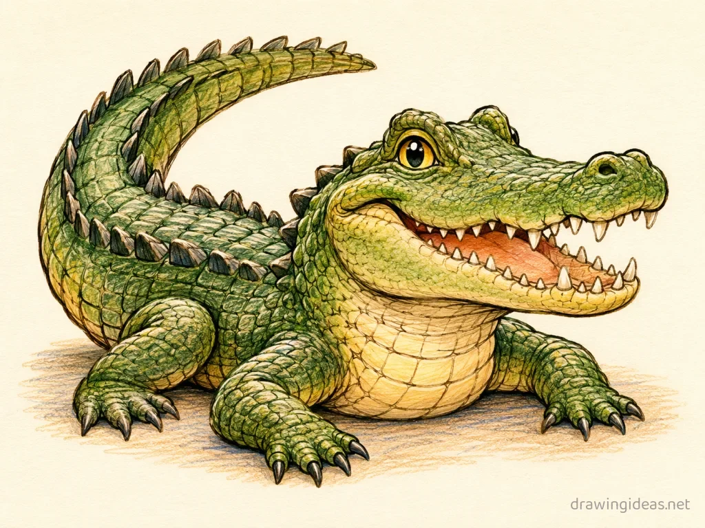 Crocodile drawing — hand-drawn crocodile illustration with ink lines and soft colors