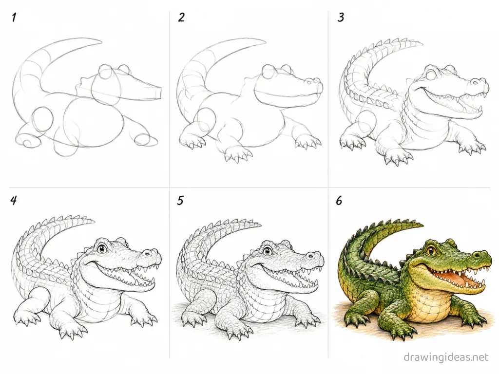 How to draw a crocodile step by step — 6-step crocodile drawing tutorial grid