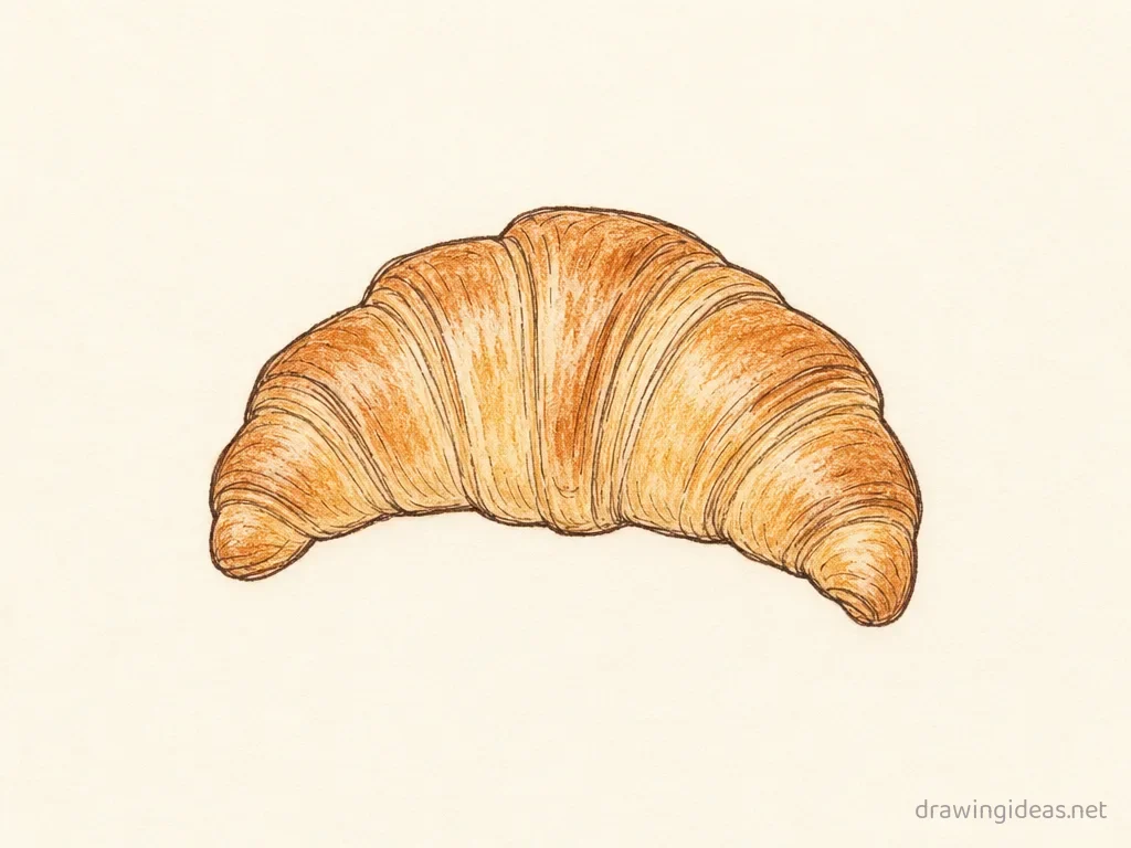 Croissant drawing — hand-drawn croissant illustration with ink lines and soft colors