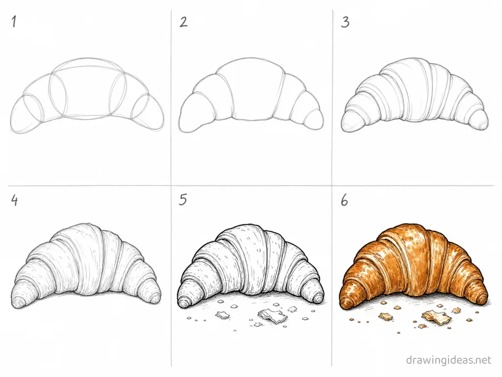 How to draw a croissant step by step — 6-step croissant drawing tutorial grid