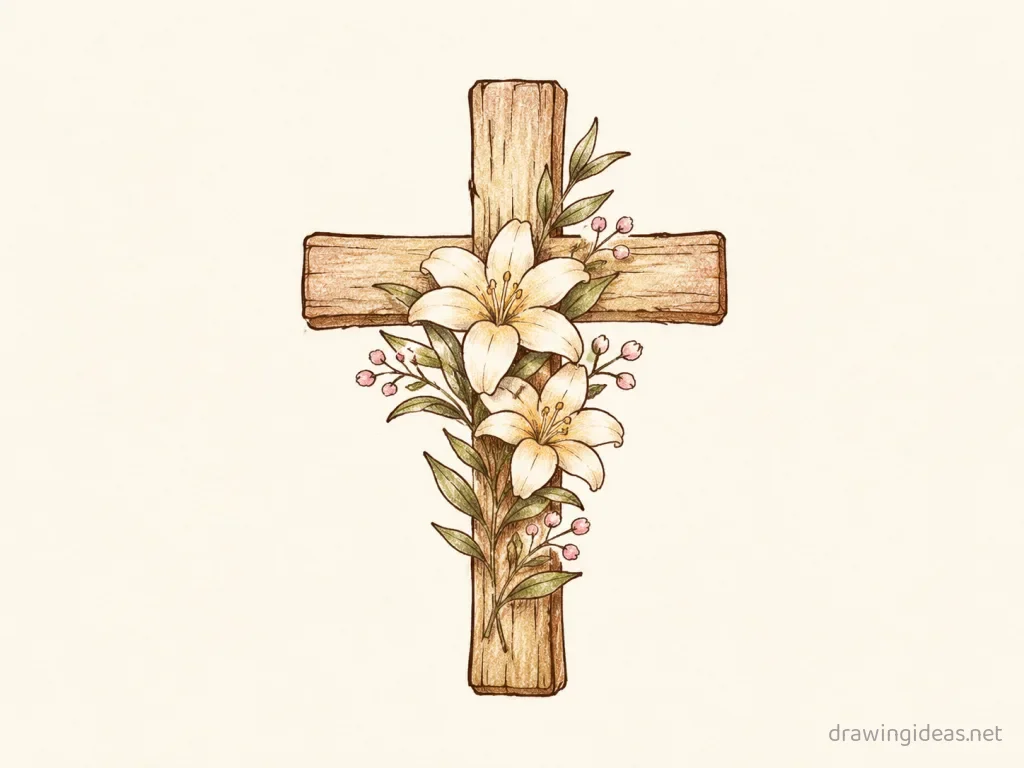 Cross drawing — hand-drawn cross illustration with ink lines and soft colors