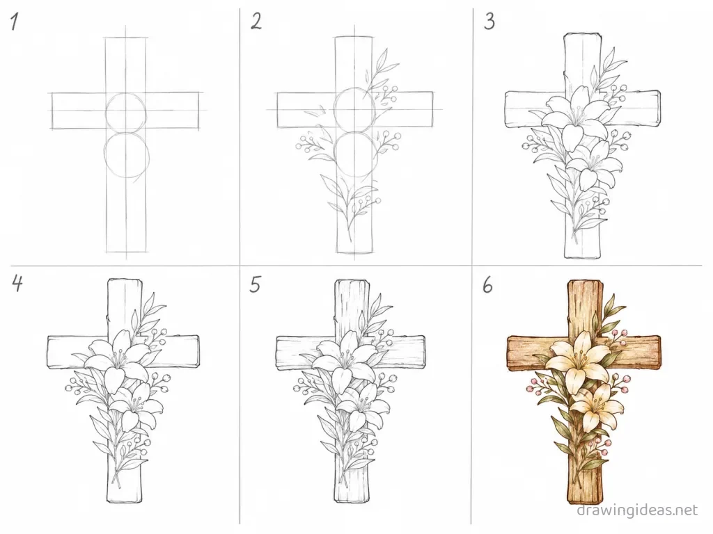 How to draw a cross step by step — 6-step cross drawing tutorial grid