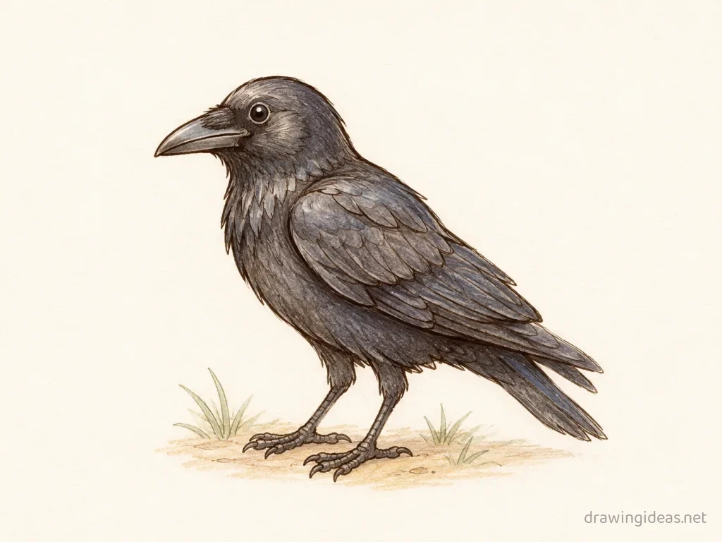 Crow drawing — hand-drawn crow illustration with ink lines and soft colors