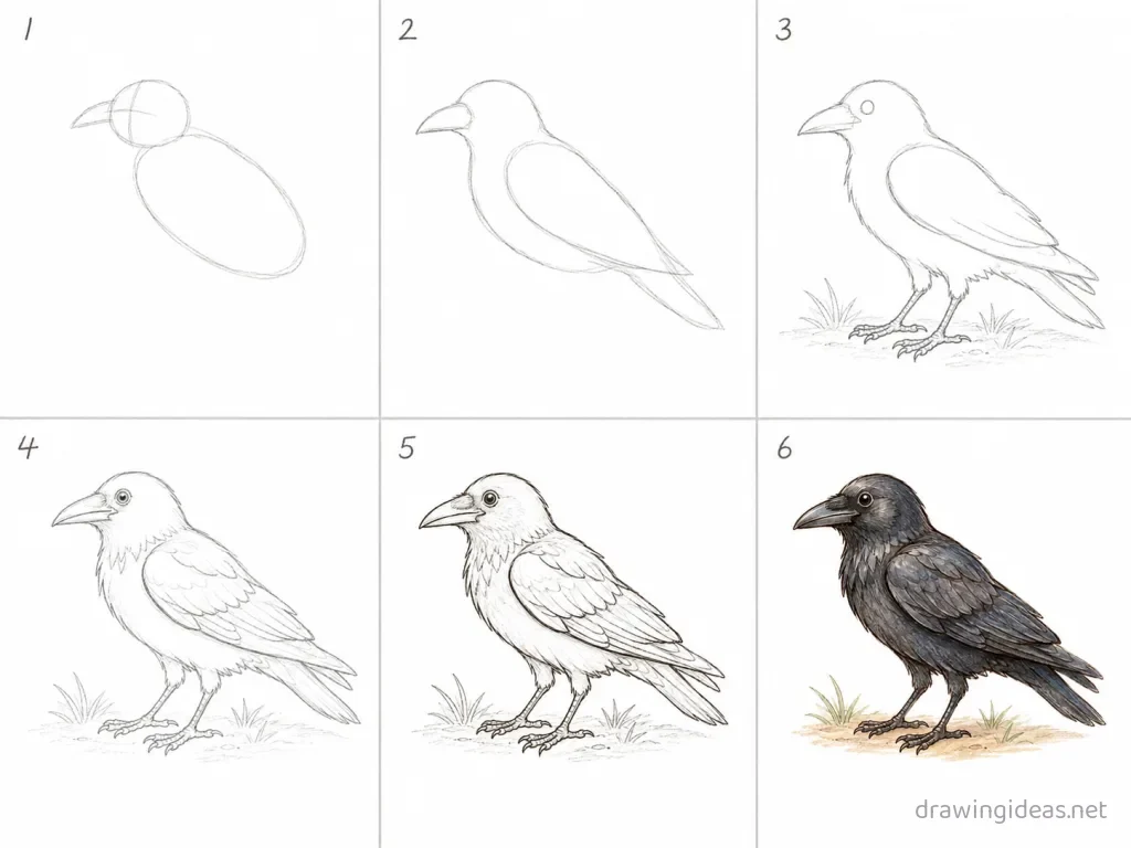 How to draw a crow step by step — 6-step crow drawing tutorial grid