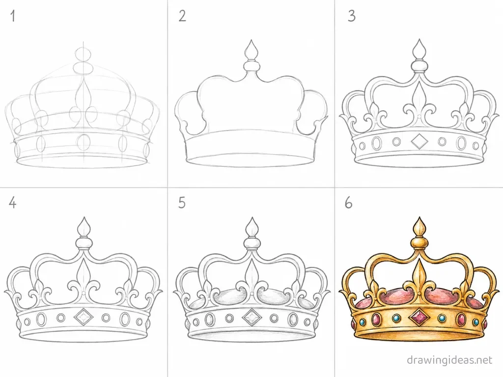 How to draw a crown step by step — 6-step crown drawing tutorial grid