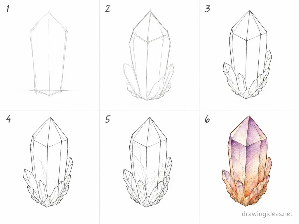How to draw a crystal step by step — 6-step crystal drawing tutorial grid