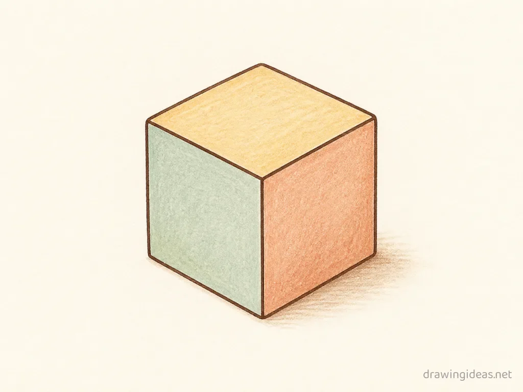 Cube drawing ā hand-drawn cube illustration with ink lines and soft colors