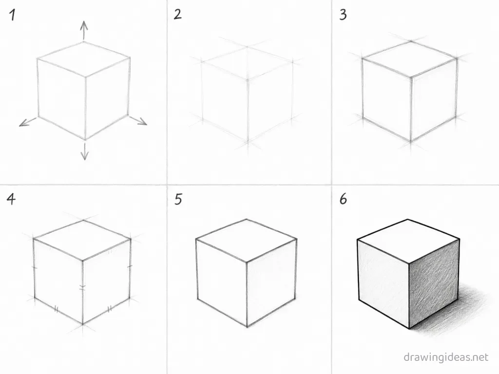 How to draw a cube step by step — 6-step cube drawing tutorial grid