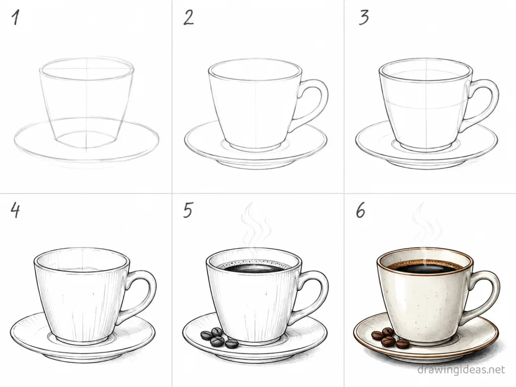 How to draw a cup step by step — 6-step cup drawing tutorial grid