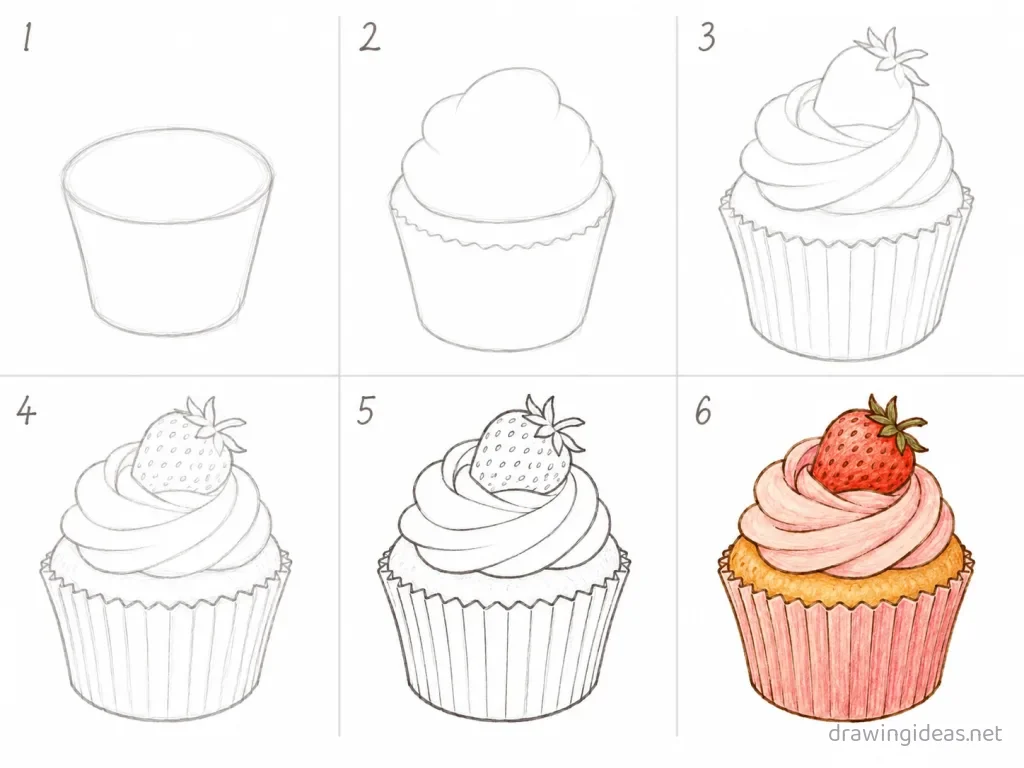 How to draw a cupcake step by step — 6-step cupcake drawing tutorial grid