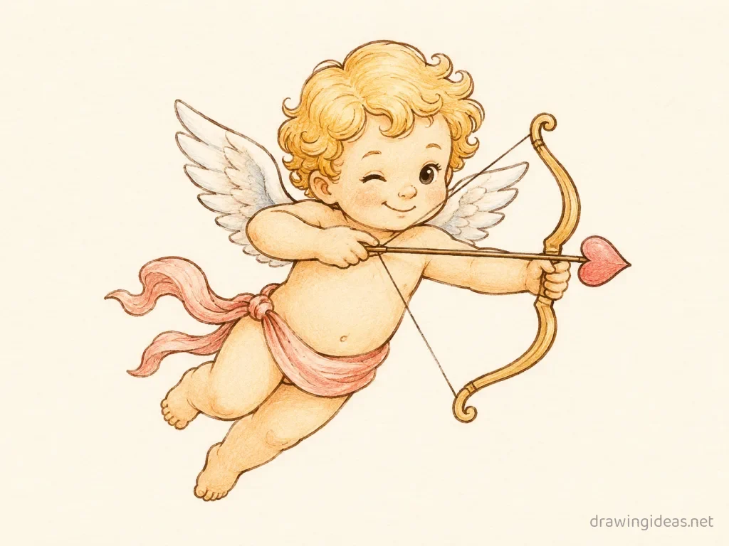 Cupid drawing — hand-drawn Cupid illustration with ink lines and soft colors