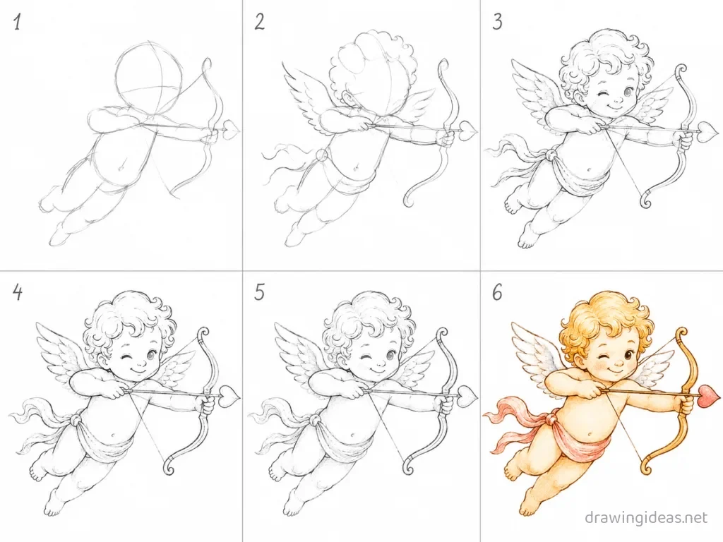 How to draw Cupid step by step — 6-step Cupid drawing tutorial grid