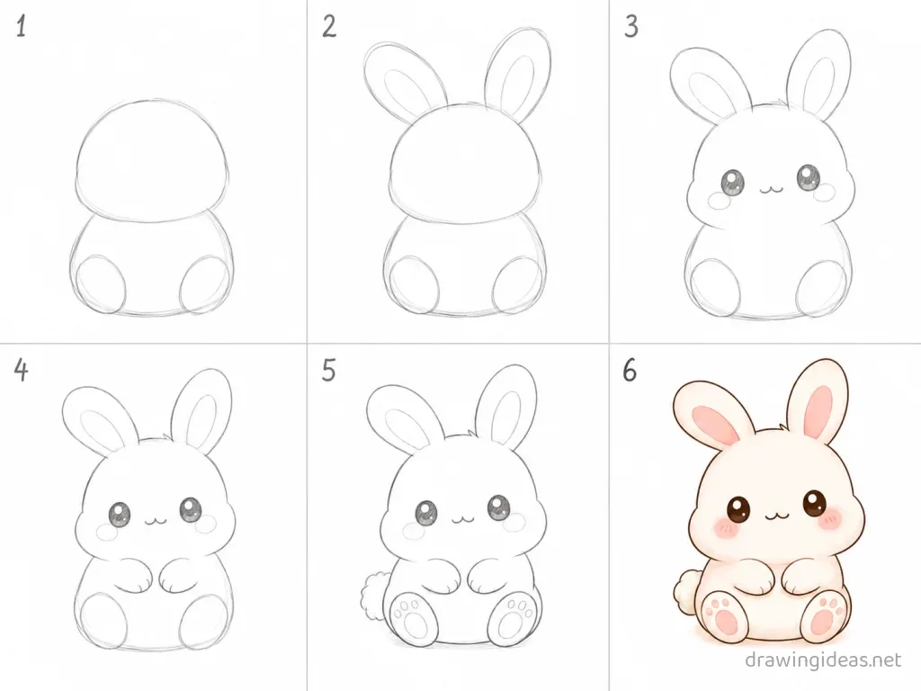 How to draw a bunny step by step — 6-step bunny drawing tutorial grid