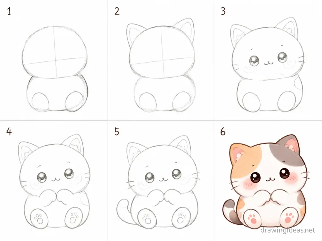 How to draw a cat step by step — 6-step cat drawing tutorial grid