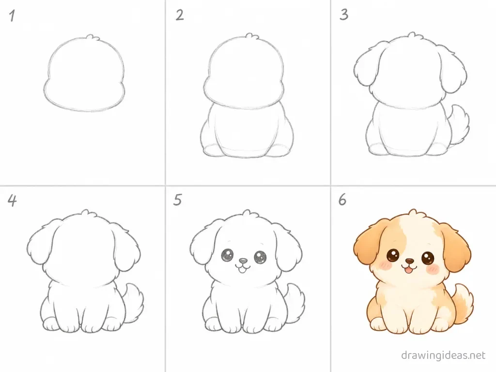 How to draw a dog step by step — 6-step dog drawing tutorial grid