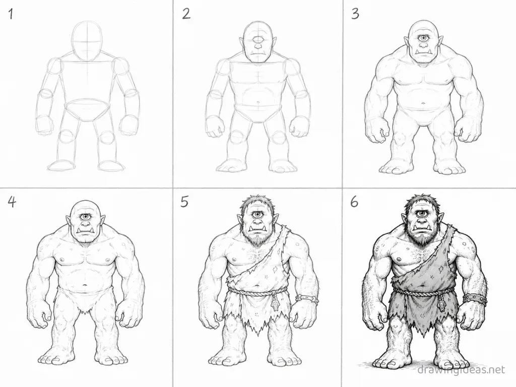 How to draw a cyclops step by step — 6-step cyclops drawing tutorial grid