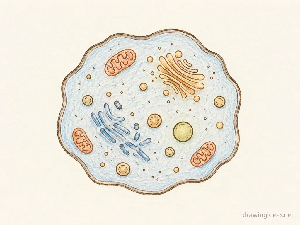 Cytoplasm drawing — hand-drawn cytoplasm illustration with ink lines and soft colors