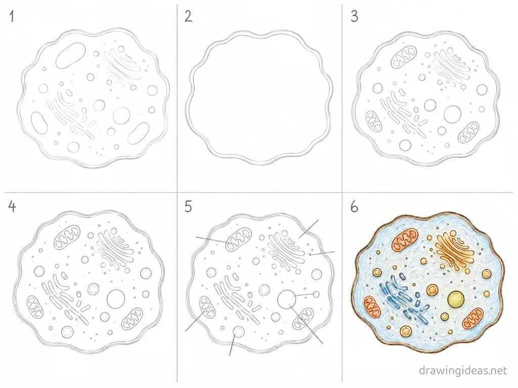 How to draw a cytoplasm step by step — 6-step cytoplasm drawing tutorial grid