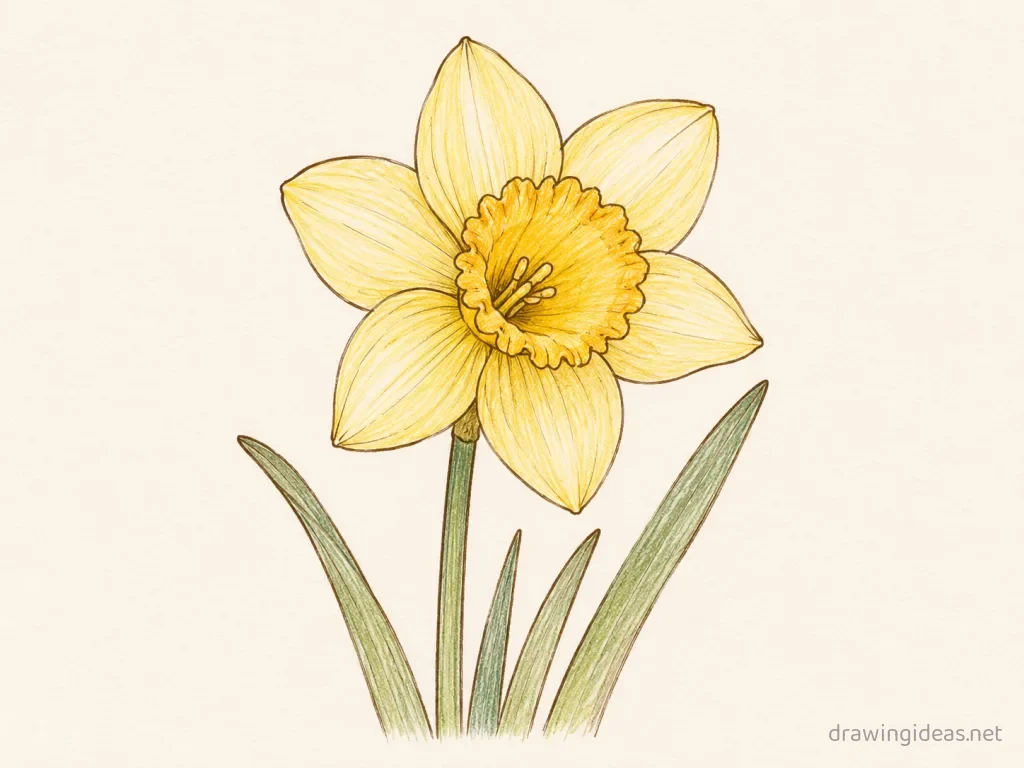 Daffodil drawing — hand-drawn daffodil illustration with ink lines and soft colors
