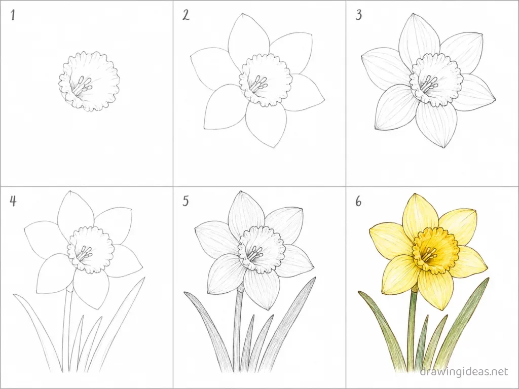 How to draw a daffodil step by step — 6-step daffodil drawing tutorial grid