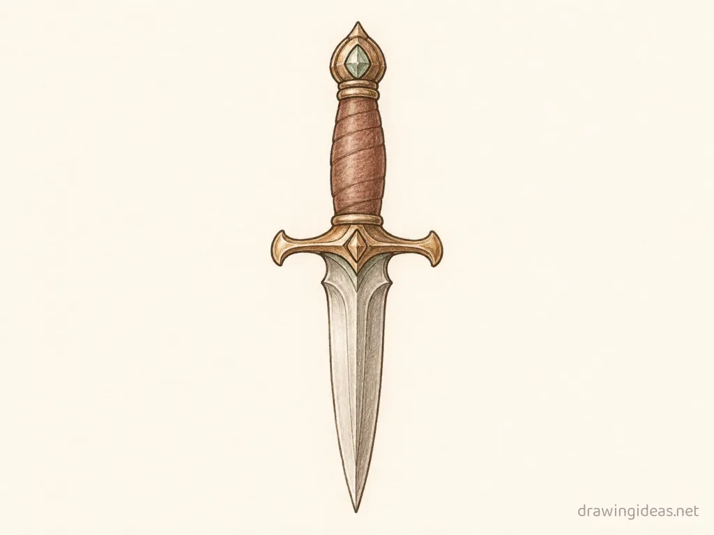 Dagger drawing — hand-drawn dagger illustration with ink lines and soft colors