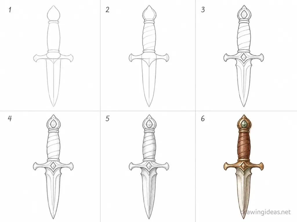 How to draw a dagger step by step — 6-step dagger drawing tutorial grid