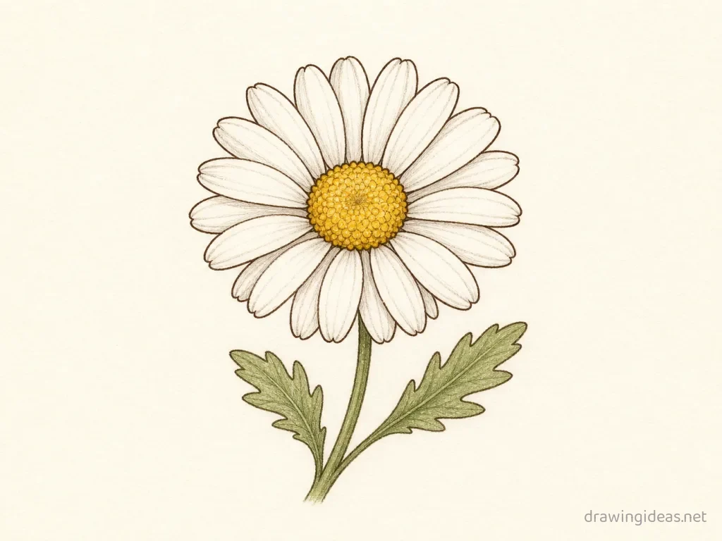 Daisy drawing — hand-drawn daisy illustration with ink lines and soft colors