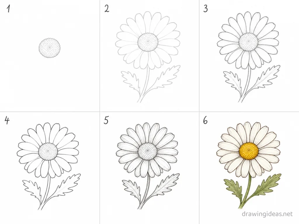 How to draw a daisy step by step — 6-step daisy drawing tutorial grid