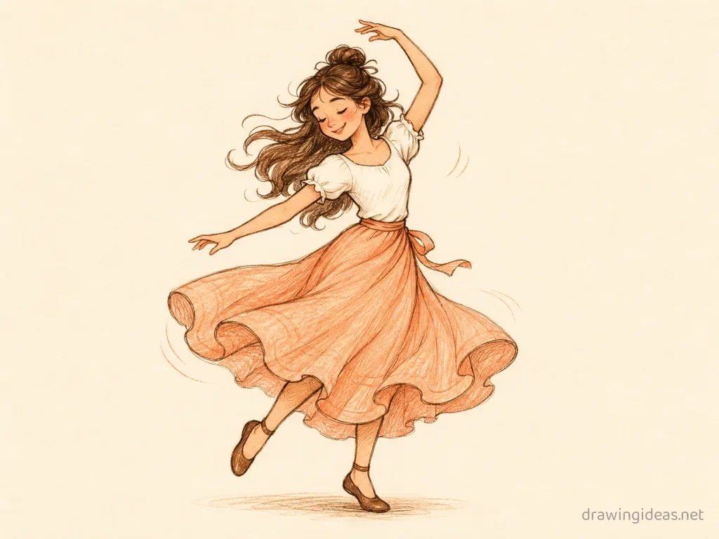 Dancing drawing — hand-drawn dancing illustration with ink lines and soft colors