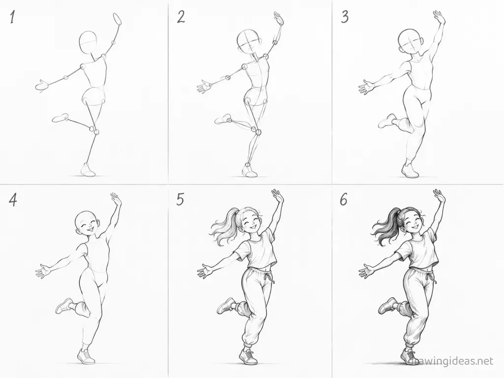 How to draw dancing step by step — 6-step dancing drawing tutorial grid
