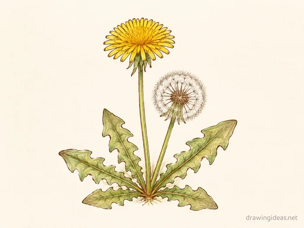 Dandelion drawing — hand-drawn dandelion illustration with ink lines and soft colors
