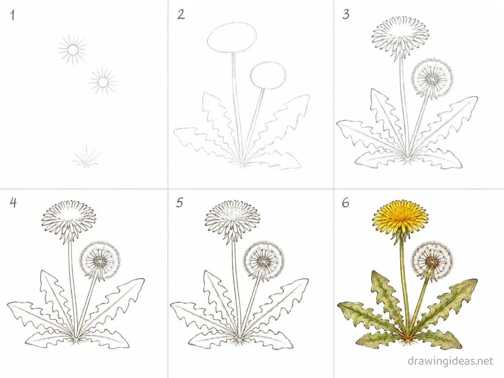 How to draw a dandelion step by step — 6-step dandelion drawing tutorial grid