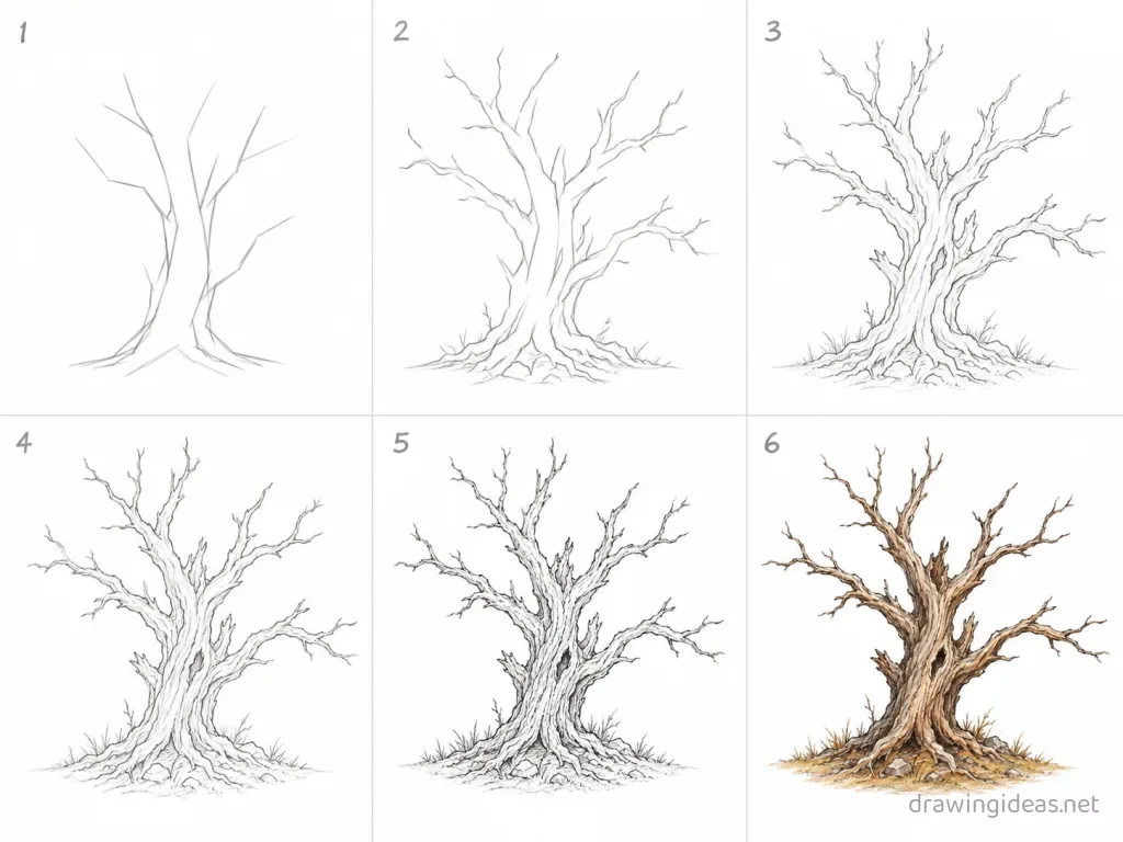 How to draw a dead tree step by step — 6-step dead tree drawing tutorial grid